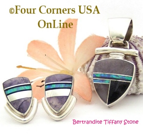 Bertrandite Tiffany Stone Fire Opal Fine Inlay Pendant Post Earrings Set Four Corners USA OnLine Navajo Silver Jewelry