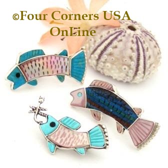 Zuni Inlay Fish Brooch Lapel Pin Four Corners USA OnLine Native American Silver Jewelry