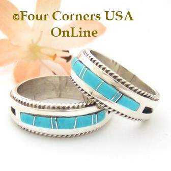 Turquoise Inlay Band with twisted wire Rope Accent for Men and Women Navajo Wilbert Muskett Jr Four Corners USA Online Native American Jewelry