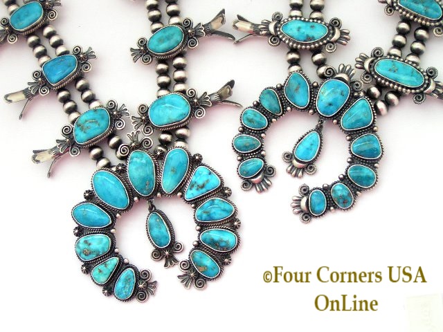 Morenci Turquoise Navajo Squash Blossom Necklace Four Corners USA OnLine Native American Jewelry