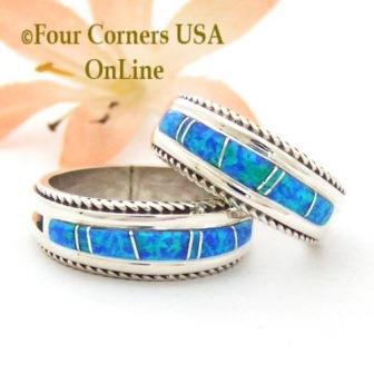 Blue Fire Opal Inlay Band with twisted wire Rope Accent for Men and Women Navajo Wilbert Muskett Jr Four Corners USA Online Native American Jewelry