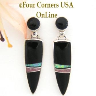 Onyx Blue Fire Opal Inlay Post Earrings Contemporary Design Navajo Silversmith Marie Tsosie Four Corners USA OnLine Native American Jewelry