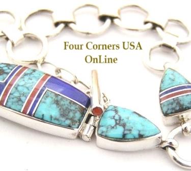 Spiderweb Turquoise Fine Inlay Adjustable Link Bracelet Shiela Tso Four Corners USA OnLine Native American Silver Jewelry