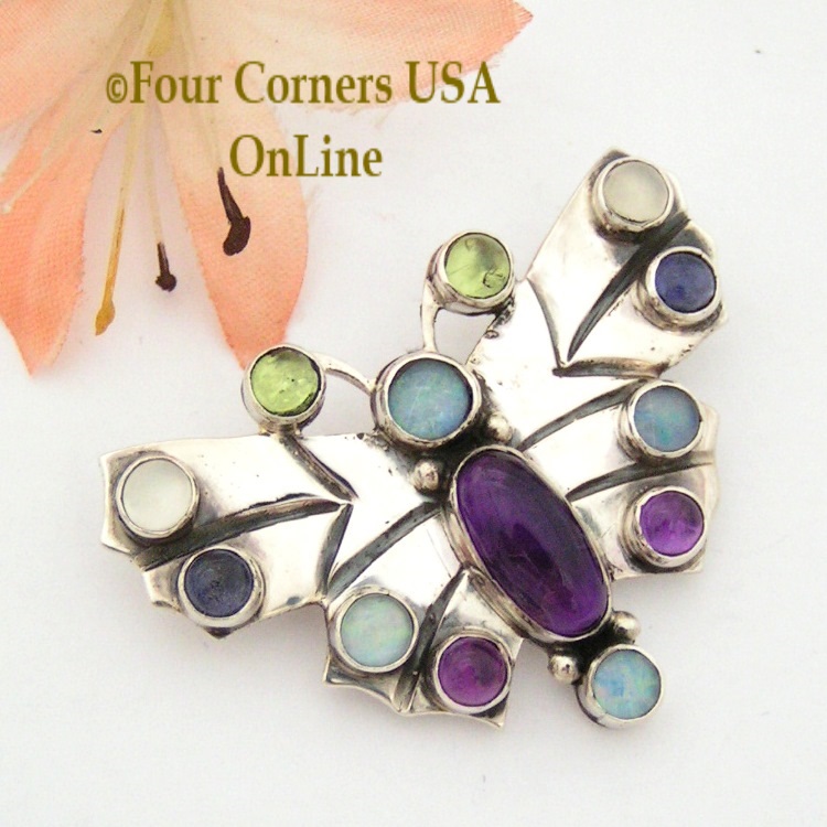 Multi Gemstone Butterfly Navajo Silversmith Andy Cadman Four Corners USA OnLine Native American Jewelry