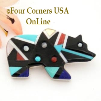 Multi Color Inlay Bear Pin Brooch Zuni Artisan Ernie Ohmsatie Four Corners USA OnLine Native American Jewelry