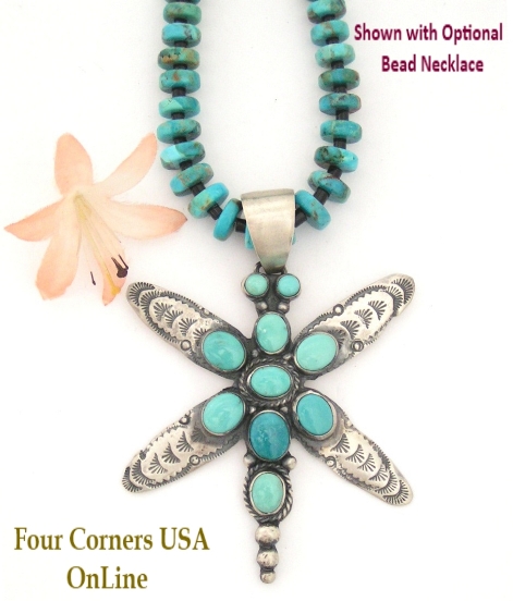 Carico Lake Turquoise Large Dragonfly Pendant Navajo Ella Peter Four Corners USA OnLine Native American Jewelry