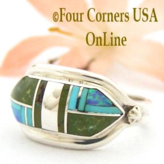 Size 7 1/2 Green and Blue Turquoise Opal Inlay Ring Navajo Artisan Albert Francisco Four Corners USA OnLine Native American Jewelry