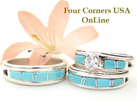 Turquoise Bridal Engagement and Bridegroom Wedding Bands by Navajo Wilbert Muskett Jr Four Corners USA OnLine