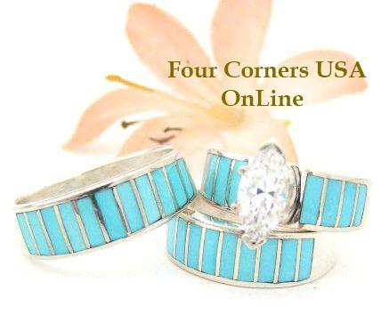 Turquoise Bridal Engagement and Bridegroom Wedding Bands by Navajo Ella Cowboy Four Corners USA OnLine