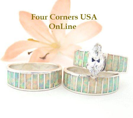 White Fire Opal Bridal Engagement and Bridegroom Wedding Bands by Navajo Ella Cowboy Four Corners USA OnLine