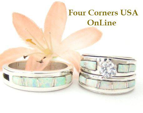 White Fire Opal Bridal Engagement and Bridegroom Wedding Bands by Navajo Ella Cowboy Four Corners USA OnLine