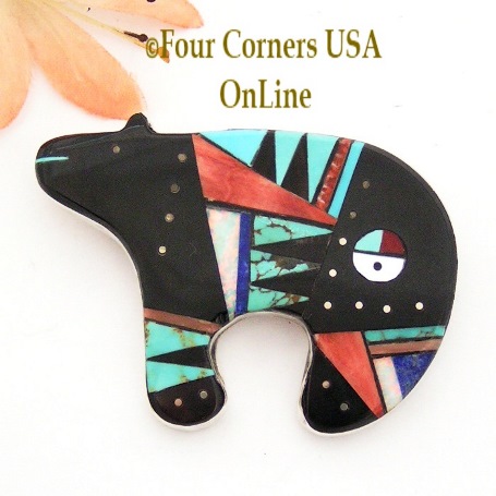 Intarsia Inlay Bear Sunface Pin Pendant Zuni Artisan Germaine Smith Four Corners USA OnLine Native American Jewelry